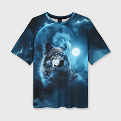 Женская футболка оверсайз Волк ночное синее небо