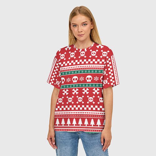 Женская футболка оверсайз Новогодний паттерн с черепами в новый год / 3D-принт – фото 3