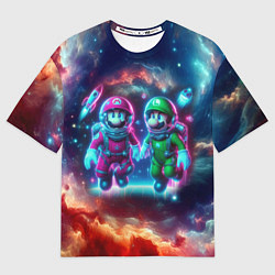 Футболка оверсайз женская Марио и Луиджи в открытом космосе - неоновое свече, цвет: 3D-принт