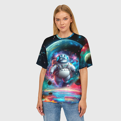 Женская футболка оверсайз Astronaut Totoro in neon space - ai art fantasy / 3D-принт – фото 3