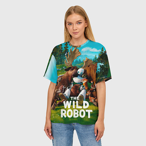 Женская футболка оверсайз Дикий робот в объятиях друзей / 3D-принт – фото 3