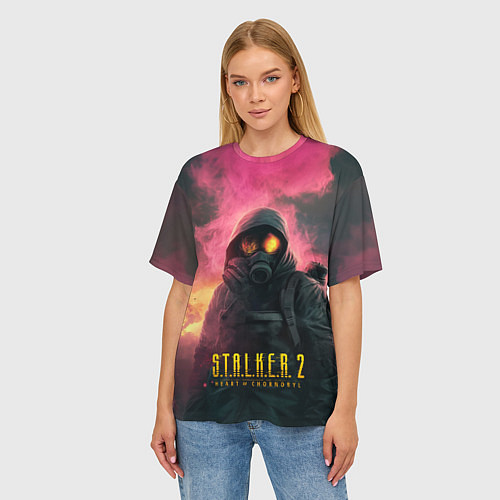 Женская футболка оверсайз Stalker 2 горящий атомный завод / 3D-принт – фото 3