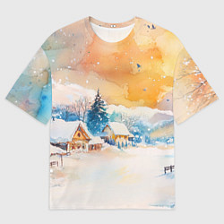 Женская футболка оверсайз Деревенский новогодний пейзаж
