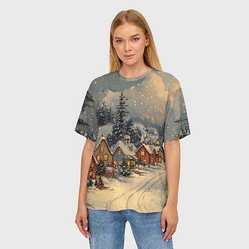 Женская футболка оверсайз Новогодние зимние домики / 3D-принт – фото 3
