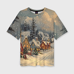 Женская футболка оверсайз Новогодние зимние домики