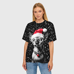 Футболка оверсайз женская Сфинкс в шапке Санты, цвет: 3D-принт — фото 2