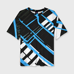 Футболка оверсайз женская Сине-белые линии на чёрном фоне, цвет: 3D-принт