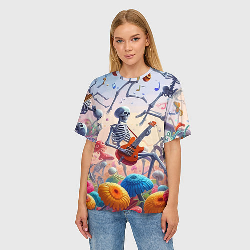 Женская футболка оверсайз Соло скелета на гитаре - сюрреализм / 3D-принт – фото 3