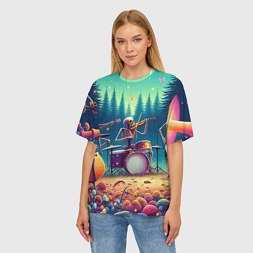 Женская футболка оверсайз Группа скелетов даёт концерт под грибами / 3D-принт – фото 3