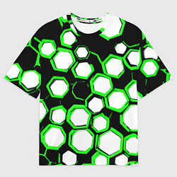 Футболка оверсайз женская Бело-зелёные шестиугольники на чёрном фоне, цвет: 3D-принт