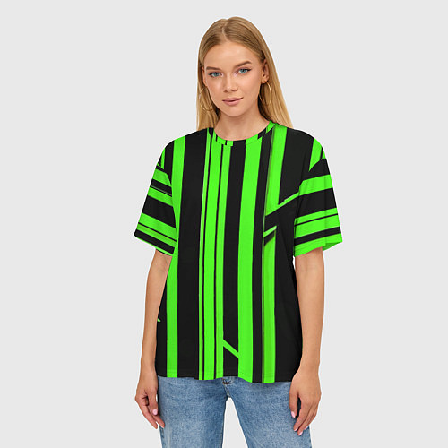 Женская футболка оверсайз Толстые зелёные полосы на чёрном фоне / 3D-принт – фото 3