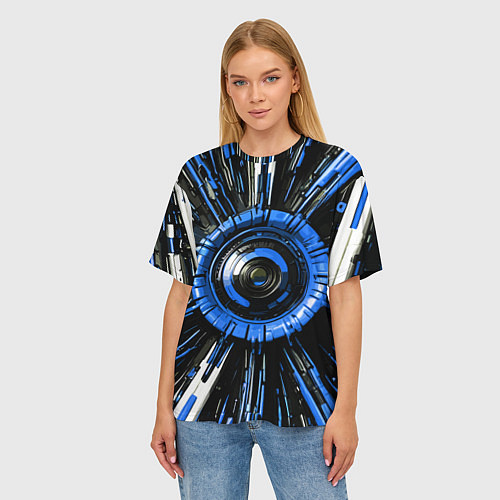 Женская футболка оверсайз Чёрно-синяя сфера киберпанк / 3D-принт – фото 3