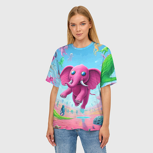 Женская футболка оверсайз Парящий в воздухе розовый слон - сюрреализм / 3D-принт – фото 3