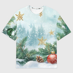 Женская футболка оверсайз Золотые снежинки - новогодний фон