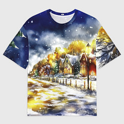 Женская футболка оверсайз Новогодний пейзаж акварель
