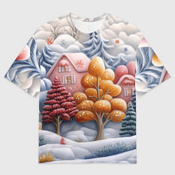 Женская футболка оверсайз Объемный новогодний пейзаж