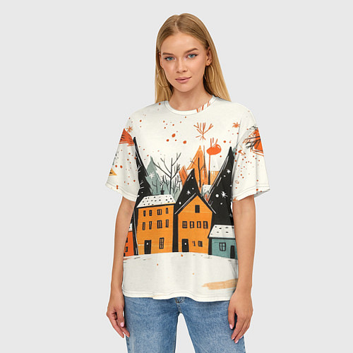 Женская футболка оверсайз Оранжевые зимние домики / 3D-принт – фото 3