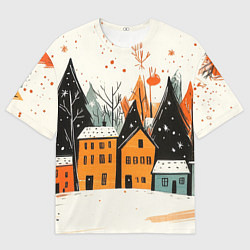 Женская футболка оверсайз Оранжевые зимние домики