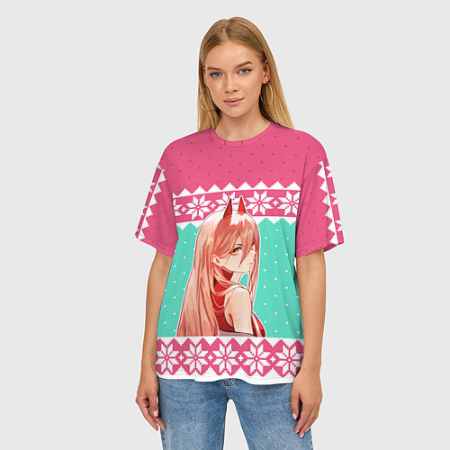 Женская футболка оверсайз Новогодний свитер Пауэр из Человек-бензопила / 3D-принт – фото 3