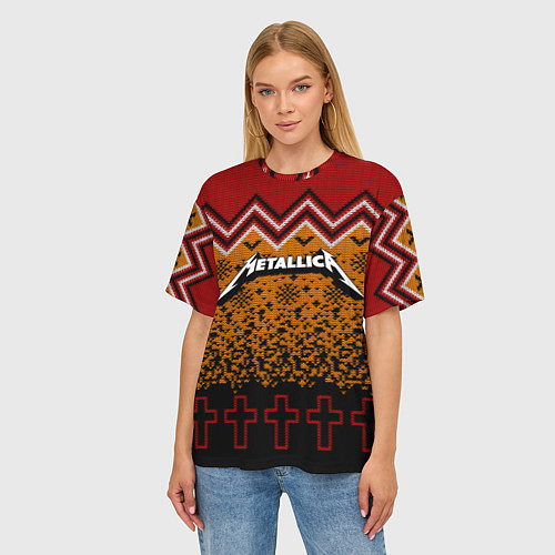 Женская футболка оверсайз Metallica christmas ugly sweater / 3D-принт – фото 3