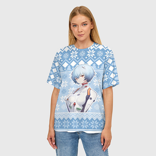 Женская футболка оверсайз Rei christmas sweater Evangelion / 3D-принт – фото 3