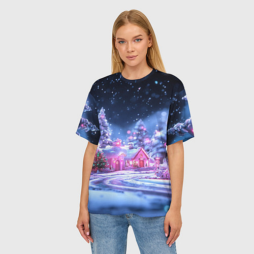Женская футболка оверсайз Неоновые новогодние домики / 3D-принт – фото 3