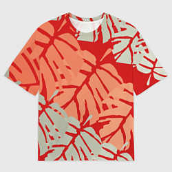 Футболка оверсайз женская Отпечатки монстеры на красном, цвет: 3D-принт