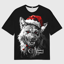 Футболка оверсайз женская Свирепая гиена в шапке Санты, цвет: 3D-принт