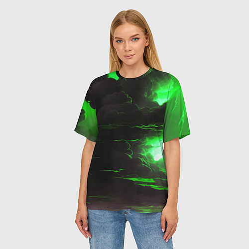 Женская футболка оверсайз Кислотный зелёный закат / 3D-принт – фото 3