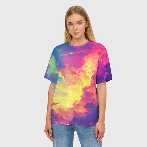 Женская футболка оверсайз Розовые облака на синем небе / 3D-принт – фото 3