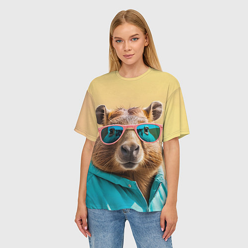 Женская футболка оверсайз Модная капибара в отпуске / 3D-принт – фото 3