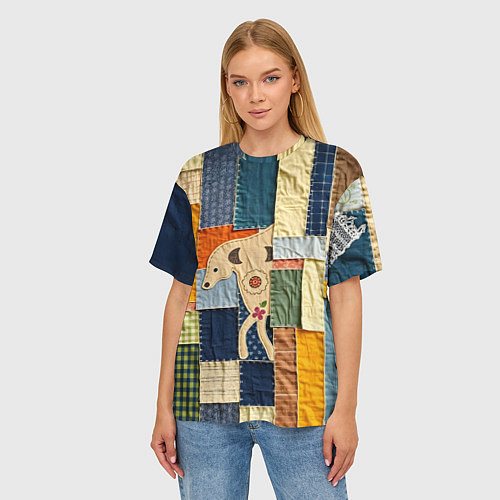 Женская футболка оверсайз Пэчворк с собакой / 3D-принт – фото 3