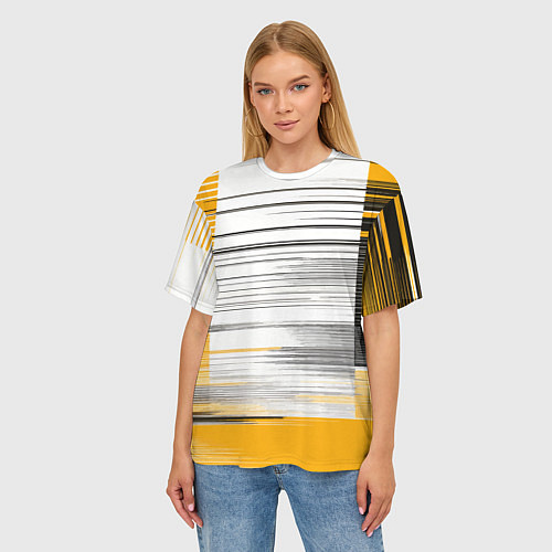 Женская футболка оверсайз Чёрные вертикальные полосы на жёлто-белом фоне / 3D-принт – фото 3