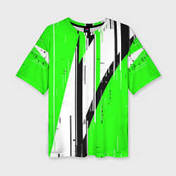 Женская футболка оверсайз Black and white vertical stripes on a green backgr