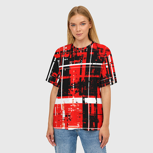 Женская футболка оверсайз Красно-белый гранж на чёрном фоне / 3D-принт – фото 3