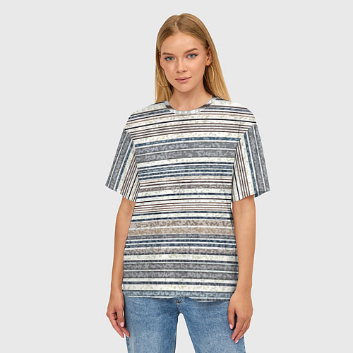 Женская футболка оверсайз Светлый бежевый с синим текстурированные полосы / 3D-принт – фото 3