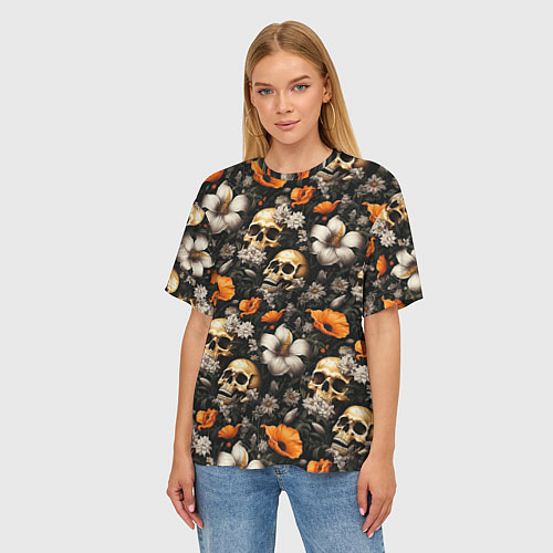 Женская футболка оверсайз Маки и черепа / 3D-принт – фото 3