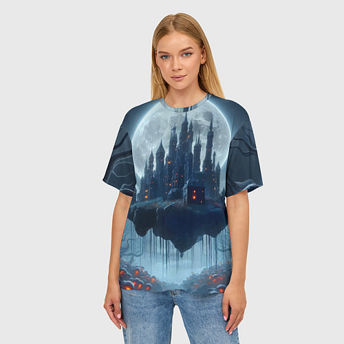 Женская футболка оверсайз Замок Дракулы и неоновые грибы - нейроарт фантазия / 3D-принт – фото 3