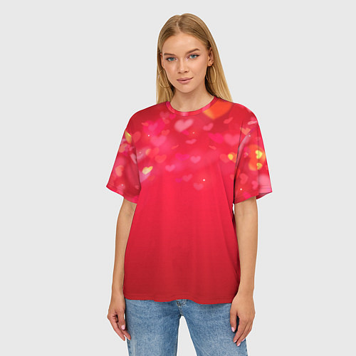 Женская футболка оверсайз Красный градиент с падающими сердечками / 3D-принт – фото 3