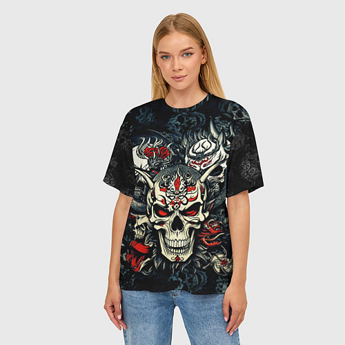 Женская футболка оверсайз Маска Хання на черепе самурая на фоне духов / 3D-принт – фото 3