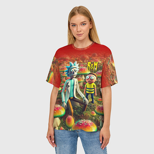 Женская футболка оверсайз Рик и Морти заблудились в мухоморном поле / 3D-принт – фото 3