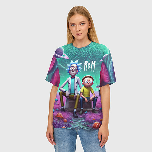 Женская футболка оверсайз Рик и Морту на сказочной грибной планете - нейроар / 3D-принт – фото 3