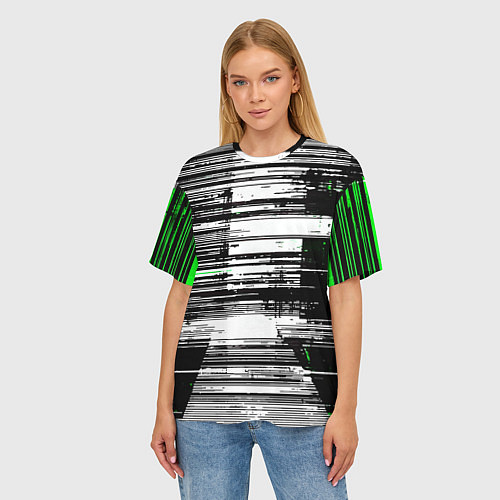 Женская футболка оверсайз Горизонтальные чёрные линии на бело-зелёном фоне / 3D-принт – фото 3