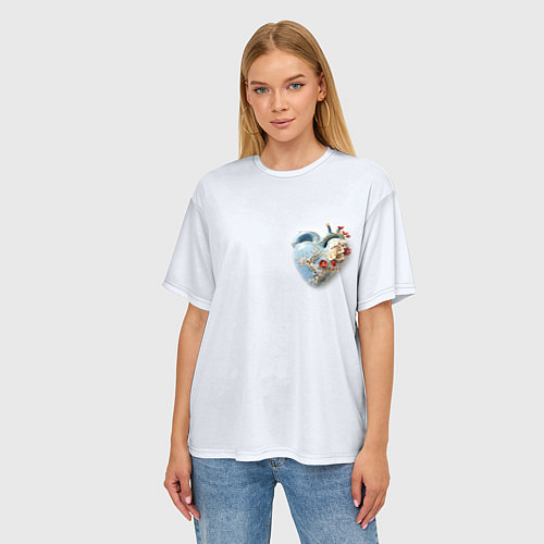 Женская футболка оверсайз Сердце и ветка цветущая сакура с цветами / 3D-принт – фото 3