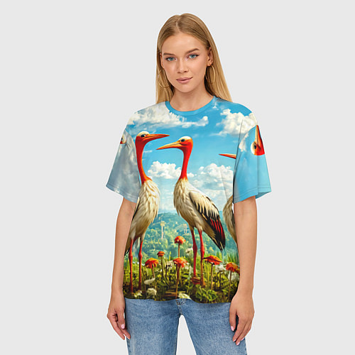 Женская футболка оверсайз Аисты в горах / 3D-принт – фото 3
