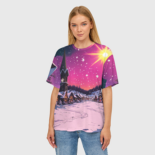 Женская футболка оверсайз Закат рождества / 3D-принт – фото 3