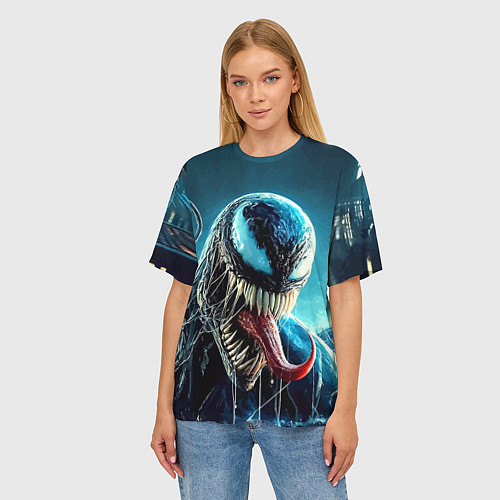 Женская футболка оверсайз Venom in metropolis - ai art neon fantasy / 3D-принт – фото 3