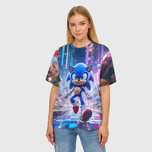 Женская футболка оверсайз Sonic в неоновом городе / 3D-принт – фото 3