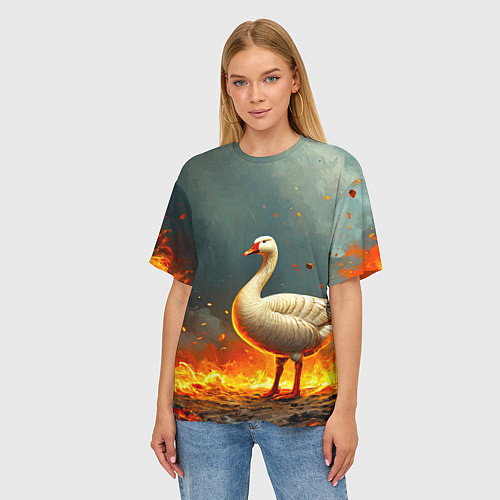 Женская футболка оверсайз Гусь в огне / 3D-принт – фото 3