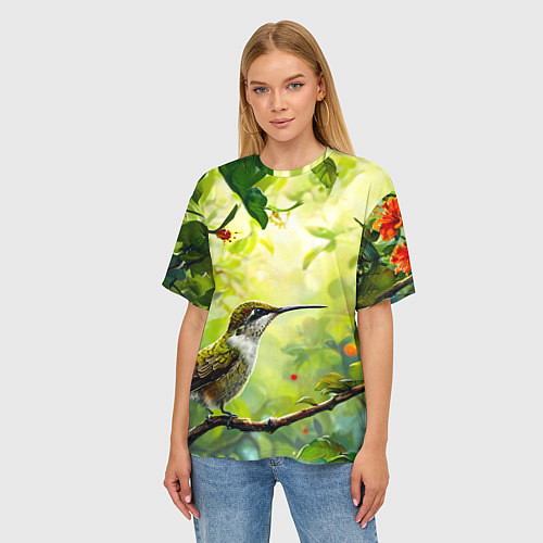 Женская футболка оверсайз Колибри в цветах / 3D-принт – фото 3